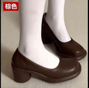 Giày cao gót mũi tròn chunky cho nữ, giày slip-on miệng nông, chống nước, đế bệt