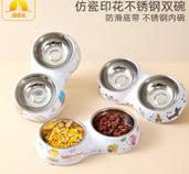 Bát đôi hai trong một cho thú cưng in họa tiết sứ trắng nhỏ và lớn.