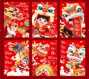 Lì xì hình trẻ em vui nhộn nhảy múa lân mẫu mã đẹp và mới nhất