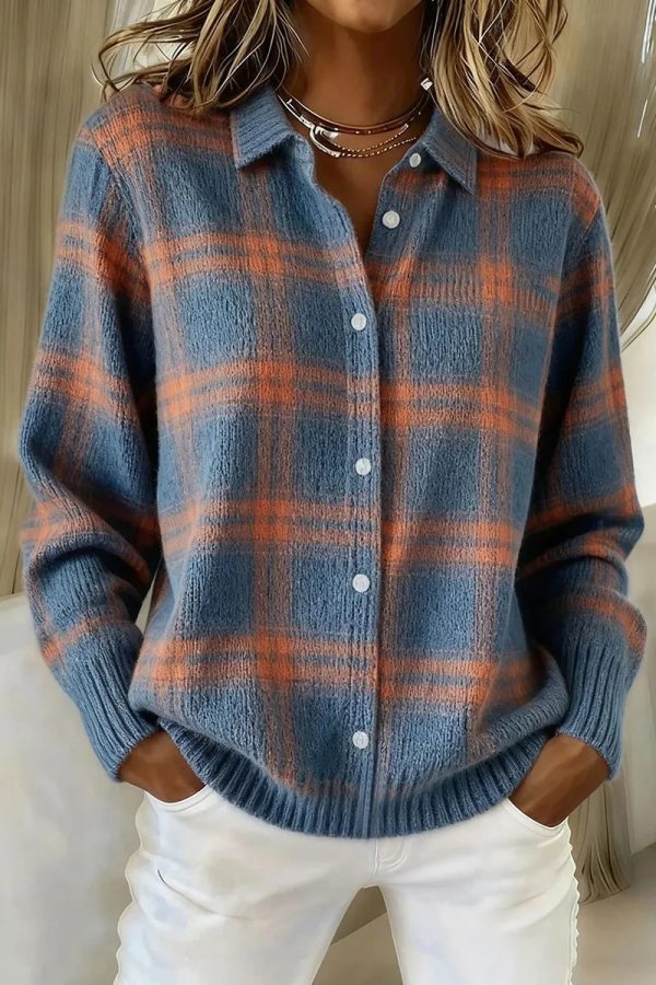 Áo cardigan sơ mi kẻ ô cổ bẻ nữ