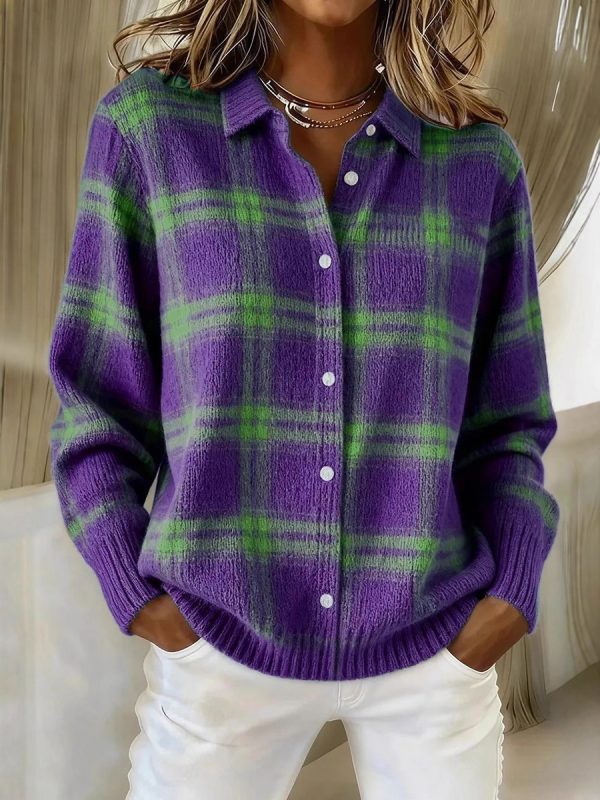 Áo cardigan sơ mi kẻ ô cổ bẻ nữ