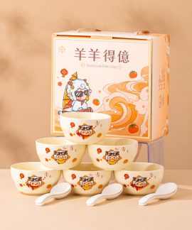 Bộ bát đũa gốm sứ họa tiết con dê, nhiều cấu hình