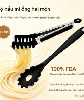 Kẹp gắp mì Ý và muôi xúc sợi silicone, bộ 2 món cán inox