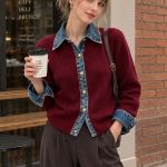 Áo cardigan dệt kim phối denim