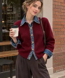 Áo cardigan dệt kim phối denim