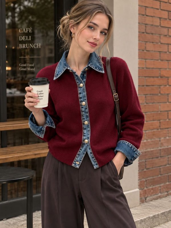 Áo cardigan dệt kim phối denim