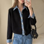 Áo cardigan dệt kim phối denim