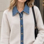 Áo cardigan dệt kim phối denim