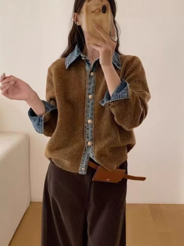 Áo cardigan dệt kim phối denim