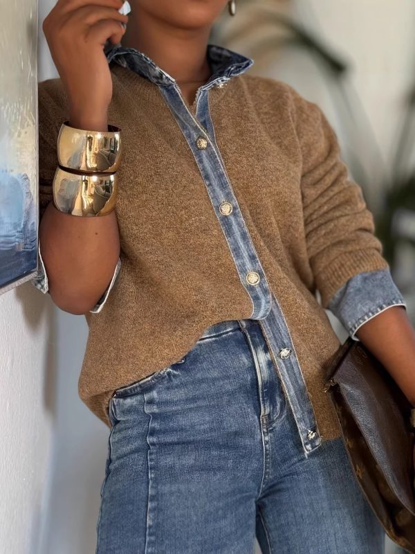 Áo cardigan dệt kim phối denim