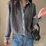 Áo cardigan dệt kim phối denim