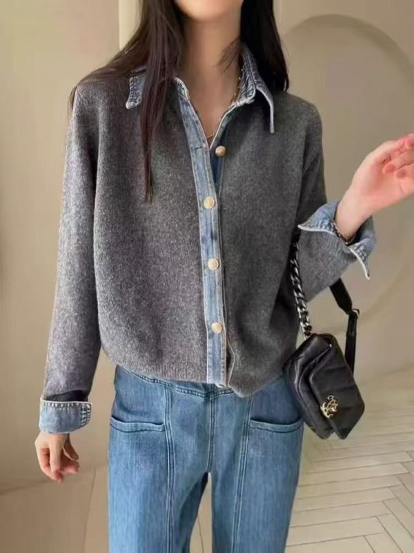 Áo cardigan dệt kim phối denim