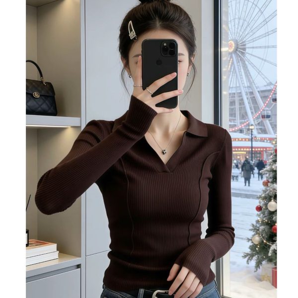 Áo len nữ cổ Polo tay dài phong cách cổ điển