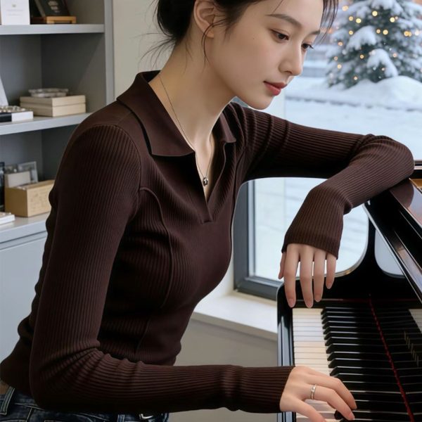 Áo len nữ cổ Polo tay dài phong cách cổ điển