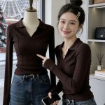 Áo len nữ cổ Polo tay dài phong cách cổ điển