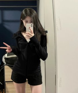 Áo khoác nỉ nữ dáng ngắn có mũ và khóa kéo