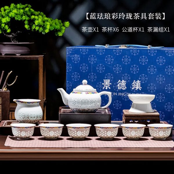 Bộ ấm chén trà sứ xanh lam tinh xảo Cảnh Đức Trấn