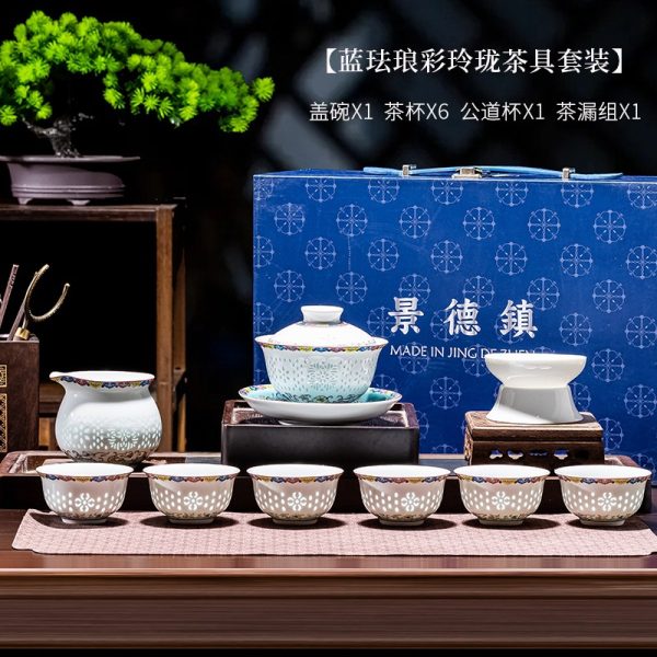 Bộ ấm chén trà sứ xanh lam tinh xảo Cảnh Đức Trấn