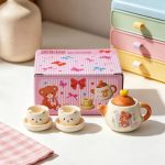 Bộ trà gốm mini họa tiết thú và màu pastel