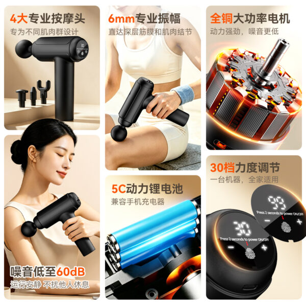 Súng massage mini USB 30 mức, 4 đầu