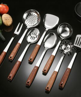 Tám món inox cán gỗ sapele: xào, cháo, xới cơm, vớt mì, gắp thịt