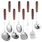 Tám món inox cán gỗ sapele: xào, cháo, xới cơm, vớt mì, gắp thịt