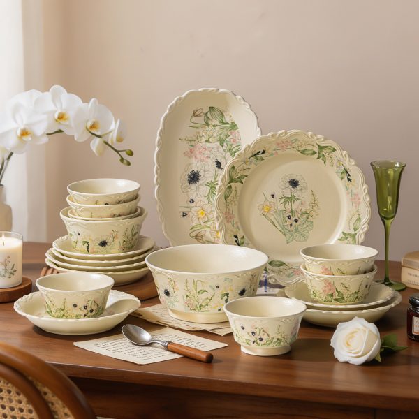 Bộ bát đĩa gốm sứ Hoa Dữ Gian phong cách Pháp, 11–62 món