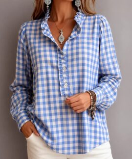 Áo sơ mi nữ kẻ caro tay dài cổ bèo