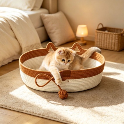 Ổ Nằm Đan Giả Mây Hình Bầu Dục Cho Mèo