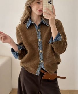 Áo cardigan dệt kim phối denim