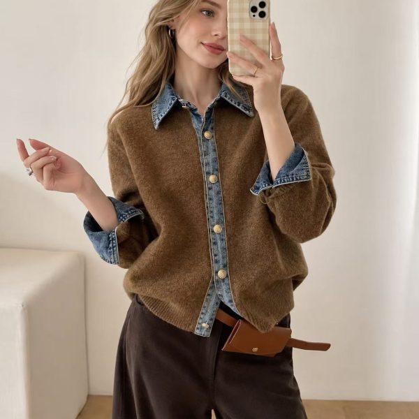 Áo cardigan dệt kim phối denim