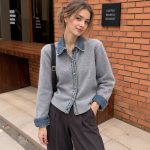 Áo cardigan dệt kim phối denim