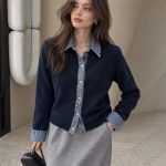 Áo cardigan dệt kim phối denim