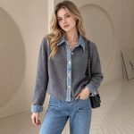 Áo cardigan dệt kim phối denim