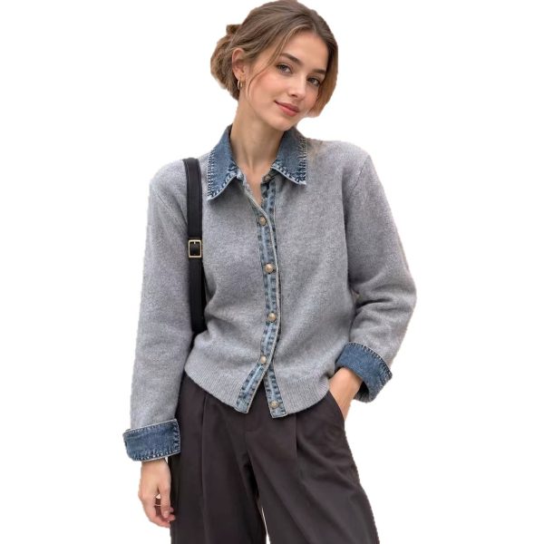 Áo cardigan dệt kim phối denim