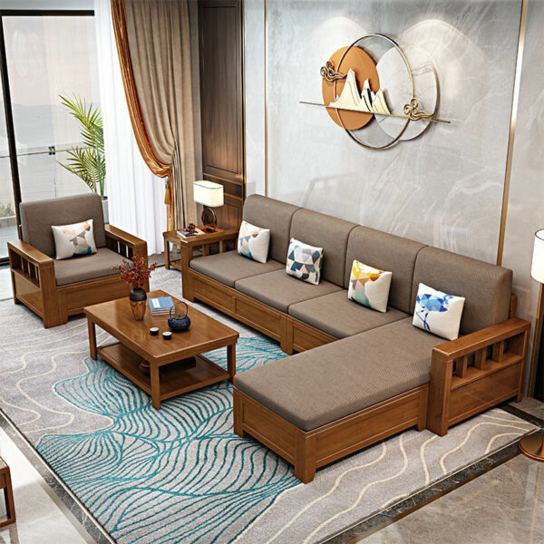 Bộ sofa gỗ cao su kết hợp nệm vải