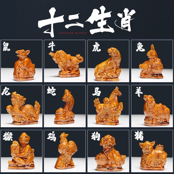 Bộ tượng 12 con giáp gốm màu vàng đất