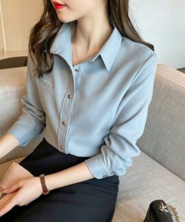 Áo sơ mi nữ dài tay phom rộng bề mặt chải mịn