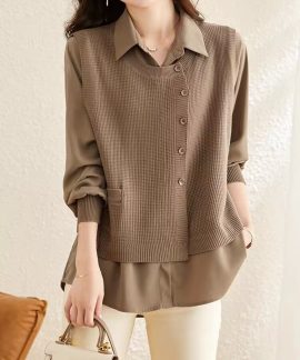 Bộ áo sơ mi và áo gile len nữ