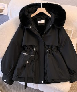 Áo parka nữ lót bông cổ lông giả có mũ