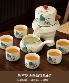 Bộ ấm chén trà tự rót men Nhữ Cẩm Tú Sơn Hà