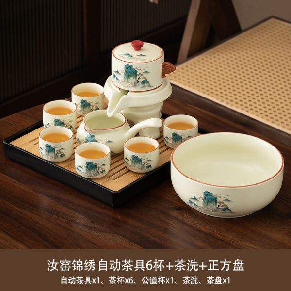 Bộ ấm chén trà tự rót men Nhữ Cẩm Tú Sơn Hà