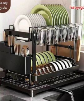 Kệ úp bát đĩa 2 tầng gấp gọn thép các-bon, bản đầy đủ phụ kiện màu đen hoặc trắng