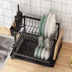 Kệ úp bát đĩa 2 tầng gấp gọn thép các-bon, bản đầy đủ phụ kiện màu đen hoặc trắng