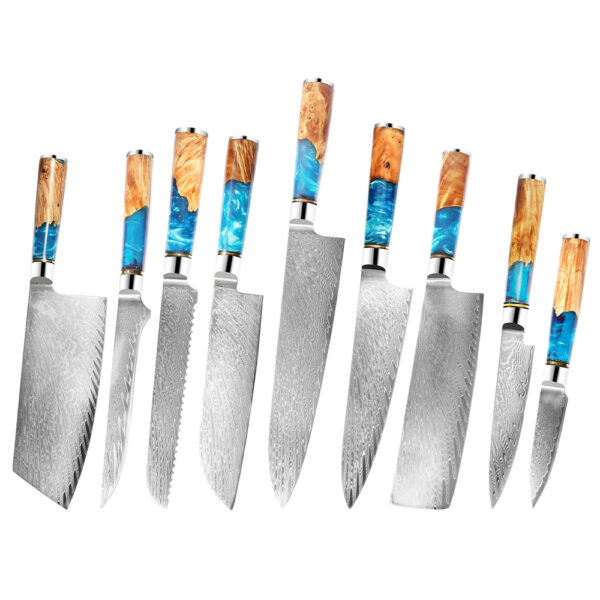 Dao bếp thép Damascus VG10 cán nhựa vân cá, 9 kiểu
