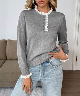 Áo cardigan cổ tròn phối ren, cài cúc nữ