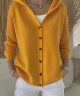 Áo cardigan dệt kim có mũ, hàng cúc đơn nữ