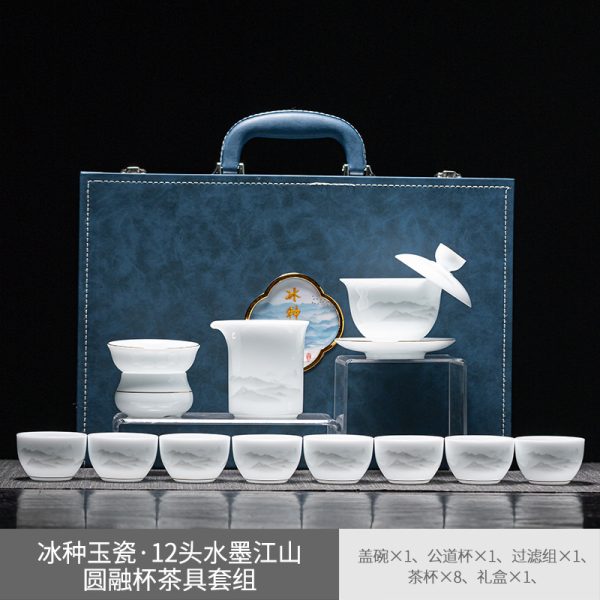 Bộ trà sứ trắng hiệu ứng ngọc họa tiết Thủy Mặc Giang Sơn