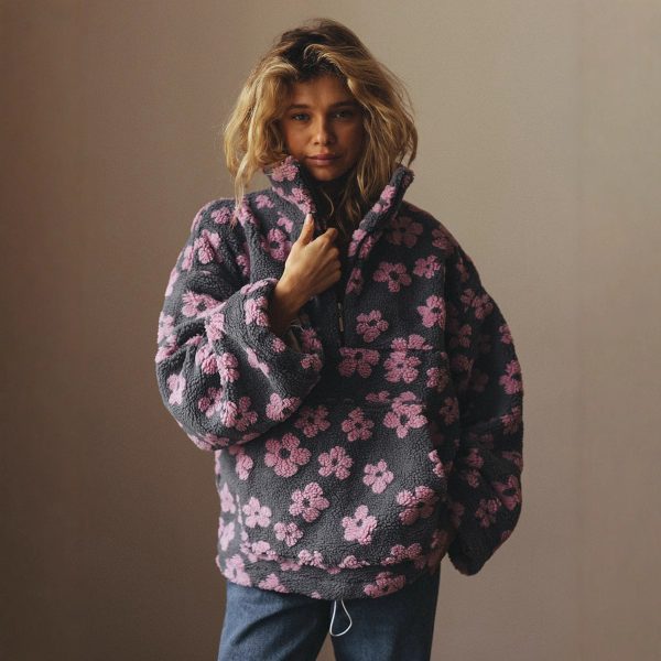 Áo hoodie nỉ lông họa tiết hoa nữ