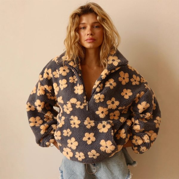 Áo hoodie nỉ lông họa tiết hoa nữ
